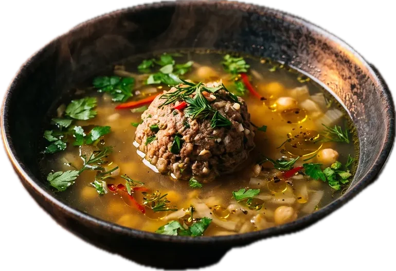Bowl of meatball soup with herbs and chickpeas