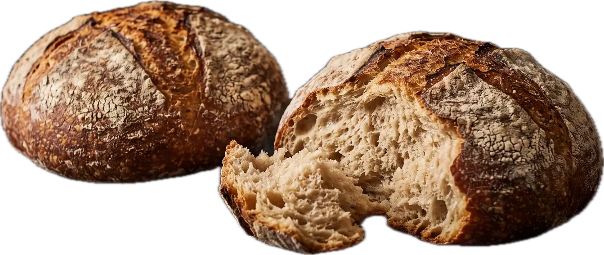 Bread from the oven, one loaf torn open, still warm