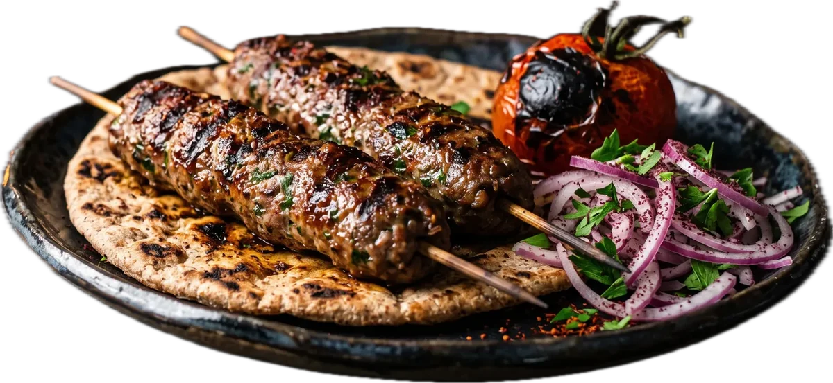 Kofta skewers on flatbread with grilled tomato and sumac onions