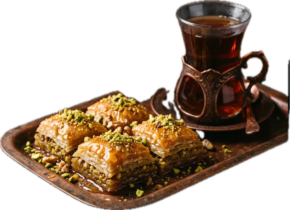 Honey pastry with pistachio beside a small glass of black tea